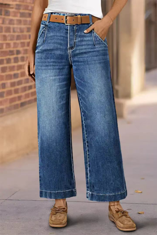 Ženske traperice visokog struka i širokih nogavica, isprani denim, svestran gradski stil