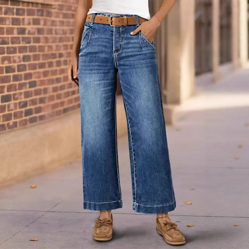 Ženske traperice visokog struka i širokih nogavica, isprani denim, svestran gradski stil
