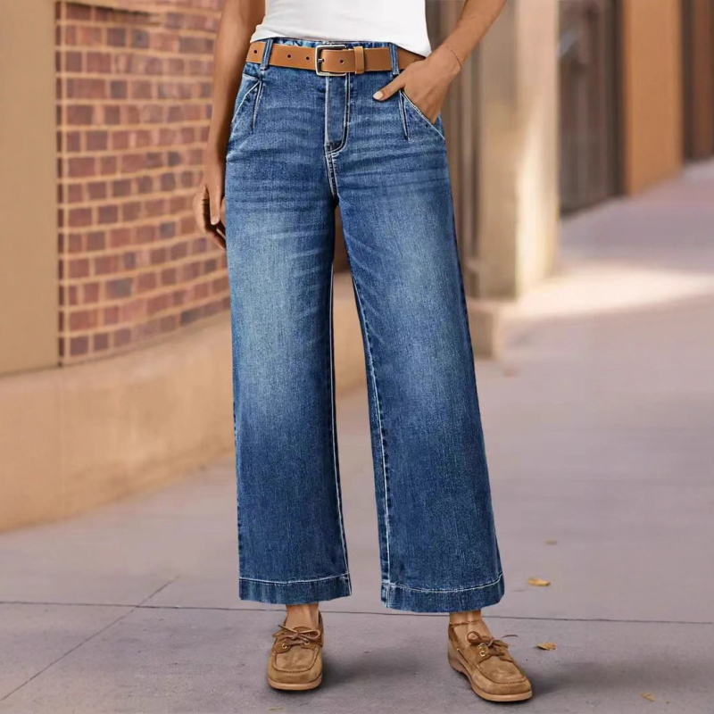 Ženske traperice visokog struka i širokih nogavica, isprani denim, svestran gradski stil