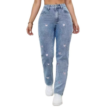 Ženske traperice visokog struka, ravnog kroja, s izvezenim srcem, denim, elastične
