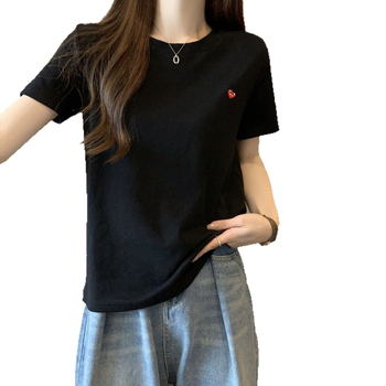 Ženski T‑shirt s kratkim rukavima u korejskom stilu sa izvezenim srcem, jednobojan, okrugli izrez, uski kroj