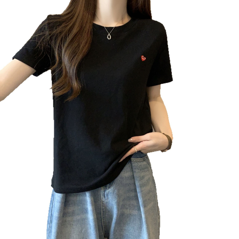 Ženski T‑shirt s kratkim rukavima u korejskom stilu sa izvezenim srcem, jednobojan, okrugli izrez, uski kroj
