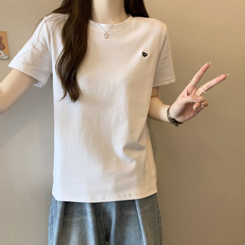 Ženski T‑shirt s kratkim rukavima u korejskom stilu sa izvezenim srcem, jednobojan, okrugli izrez, uski kroj