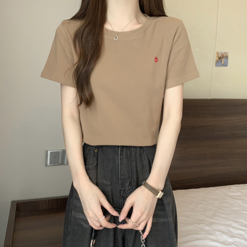 Ženski T‑shirt s kratkim rukavima u korejskom stilu sa izvezenim srcem, jednobojan, okrugli izrez, uski kroj
