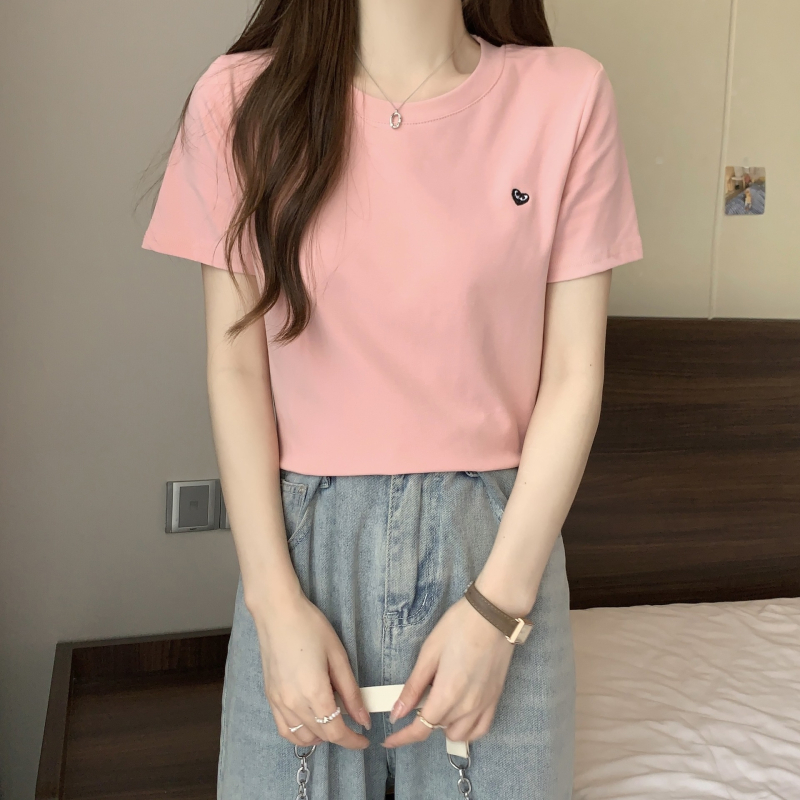 Ženski T‑shirt s kratkim rukavima u korejskom stilu sa izvezenim srcem, jednobojan, okrugli izrez, uski kroj