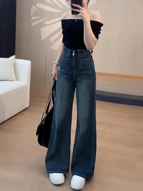 Džins hlače s visokim strukom i širokim nogavicama, distressed završetak, pamuk-denim, jesen 2025