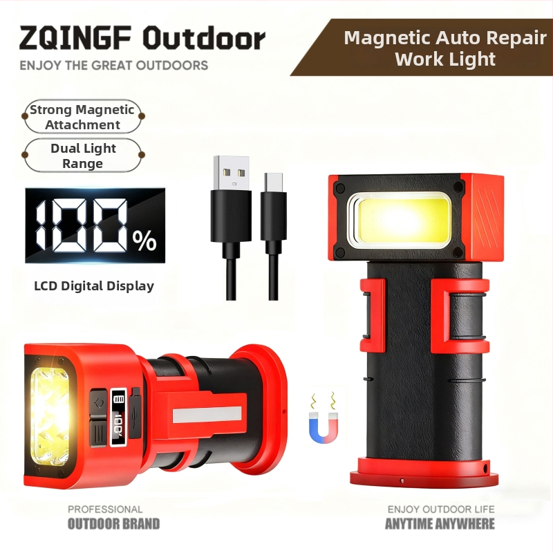 Mágneses Autójavító Munkalámpa Type-C Töltéssel, Digitális Kijelző, Forgófej, Két Mágneses Kampó (10W, 5V, 1000 lm, 6500-8000K, Modell GZD-01)