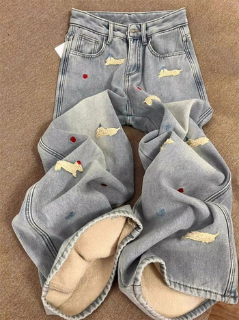 Ženske traperice s visokim strukom, širokih nogavica, denim s udjelom pamuka, izvezen motiv psa, zimska kolekcija 2025