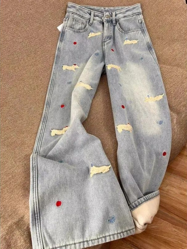 Ženske traperice s visokim strukom, širokih nogavica, denim s udjelom pamuka, izvezen motiv psa, zimska kolekcija 2025