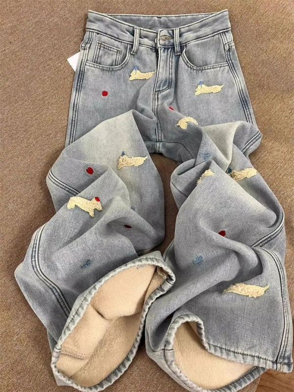 Ženske traperice s visokim strukom, širokih nogavica, denim s udjelom pamuka, izvezen motiv psa, zimska kolekcija 2025