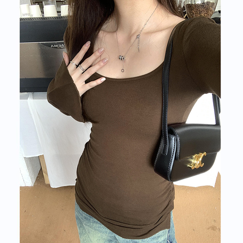 Ženska majica s U izrezom, zvonasti rukavi, uski kroj, viskoza, pulover stil, korejski dizajn