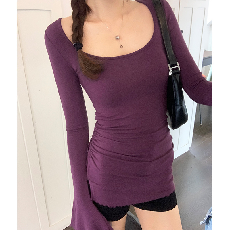 Ženska majica s U izrezom, zvonasti rukavi, uski kroj, viskoza, pulover stil, korejski dizajn