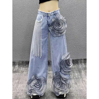 Beiwang traperice od denima – ulični hipster stil, visoki struk, slobodan kroj, denim s 50–70% poliestera, proljeće 2025