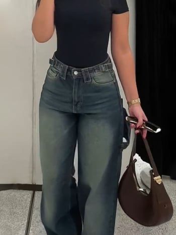 Ravne traperice s podesivom kopčom za pojas, denim-poliester smjesa, perive