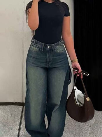 Ravne traperice s podesivom kopčom za pojas, denim-poliester smjesa, perive