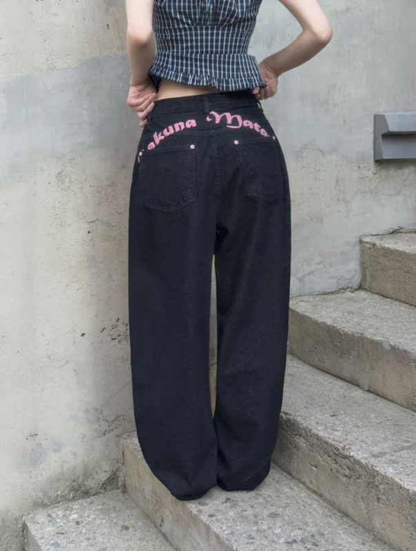 Traperice širokih nogavica s izvezenim slovima, srednji pojas, dugačke, casual japansko-korejski stil.