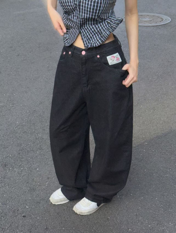 Traperice širokih nogavica s izvezenim slovima, srednji pojas, dugačke, casual japansko-korejski stil.