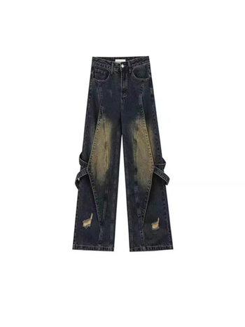 Traperice od denima, visokim strukom, ravnim krojem, ispran završetkom, detalj kaiša (Denim; Pamuk + Elastan; Isprano; Visoki struk; Ravni kroj)
