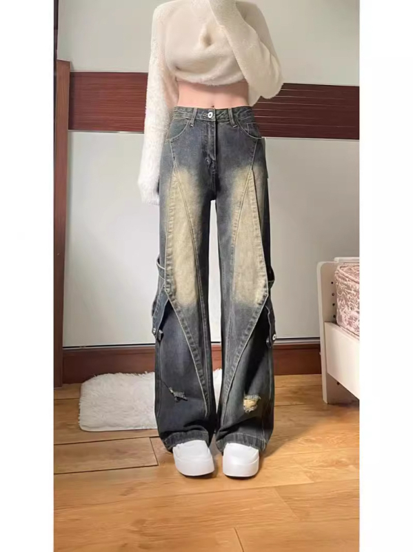 Traperice od denima, visokim strukom, ravnim krojem, ispran završetkom, detalj kaiša (Denim; Pamuk + Elastan; Isprano; Visoki struk; Ravni kroj)