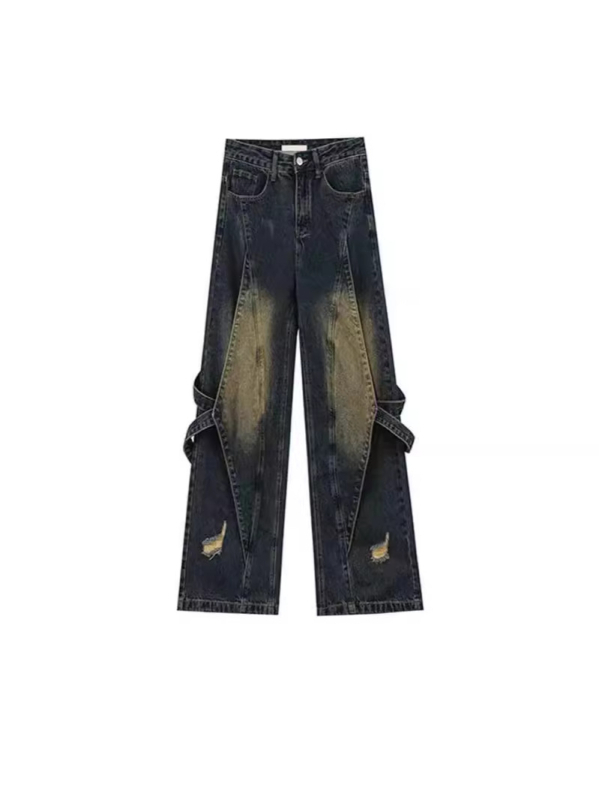 Traperice od denima, visokim strukom, ravnim krojem, ispran završetkom, detalj kaiša (Denim; Pamuk + Elastan; Isprano; Visoki struk; Ravni kroj)