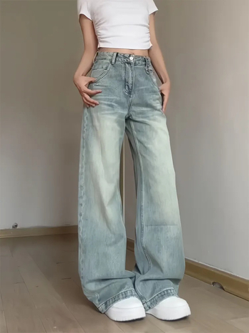 Ženske farmerice s visokim strukom i širokim krojem, denim pamuk, ljeto 2025