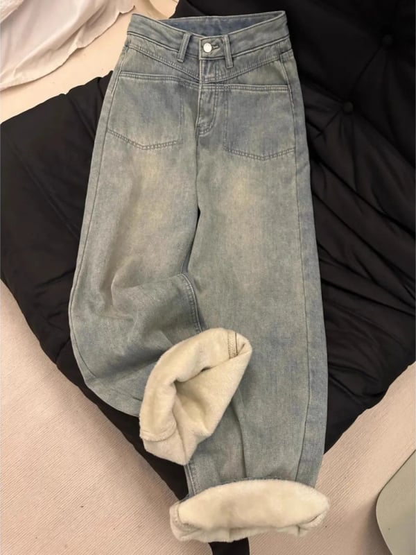 Ženske traperice, ravni kroj, visok struk, debeli denim, pamuk 50–70%
