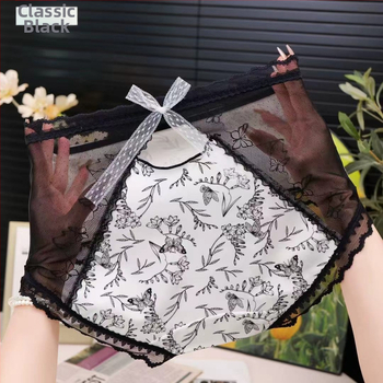 Γυναικείες βαμβατικές σλιπ με μεσαία μέση, δαντελένιο πλέγμα φλοραλ μοτίβο, ραβδωτό πλεκτό, επένδυση από βαμβάκι 90–95%