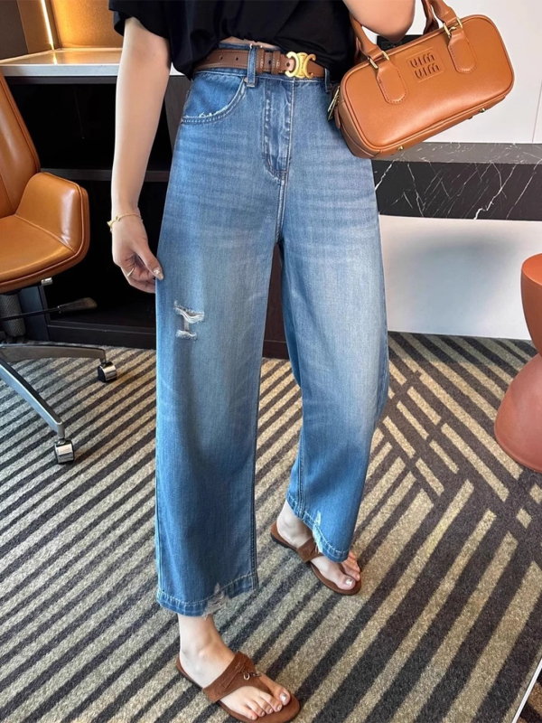 Tencel denim distresirane traperice, visoki struk, efekt mršavljenja, bez elastana, labav kroj