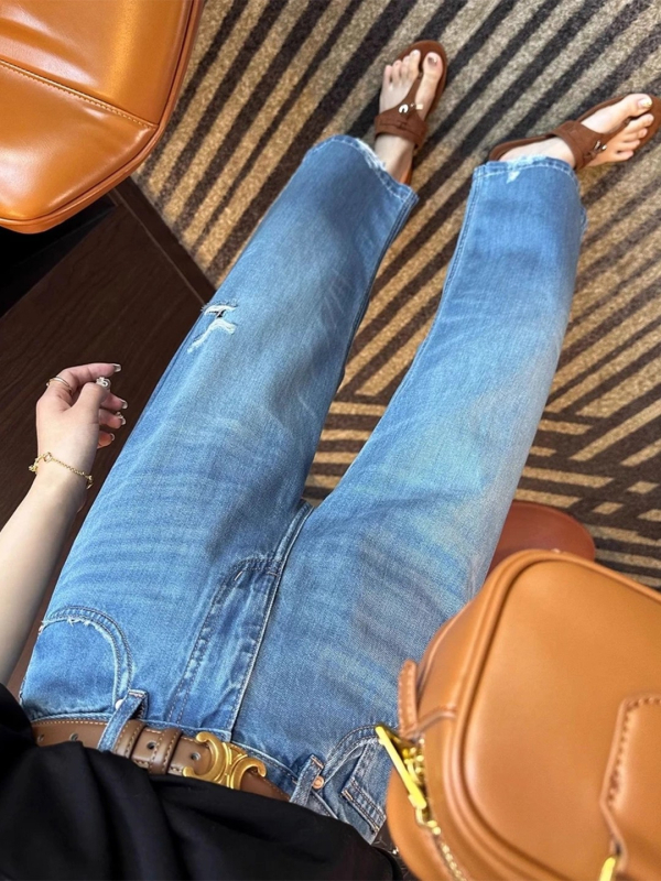 Tencel denim distresirane traperice, visoki struk, efekt mršavljenja, bez elastana, labav kroj