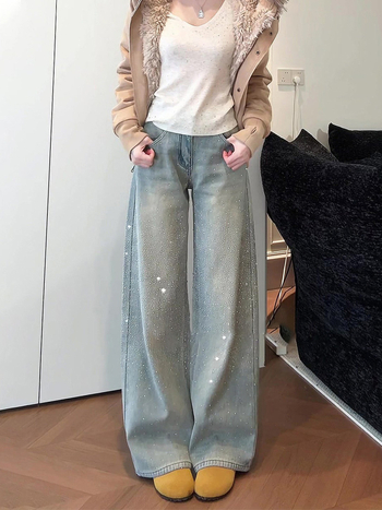 Traperice od denima s Burned Diamond dizajnom, široke nogavice, visokim strukom, bez elastana, 70–80% pamuka / <30% poliestera