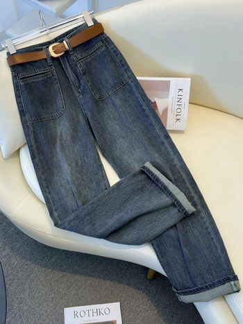 Τζιν γυναικών – φαρδιά γραμμή, ψηλή μέση, denim από βαμβάκι, μακριά παντελόνια