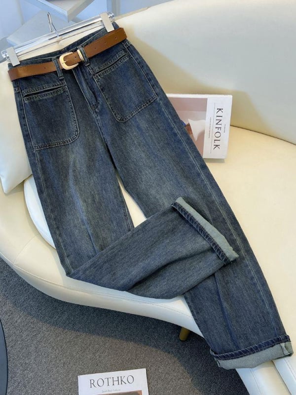 Τζιν γυναικών – φαρδιά γραμμή, ψηλή μέση, denim από βαμβάκι, μακριά παντελόνια