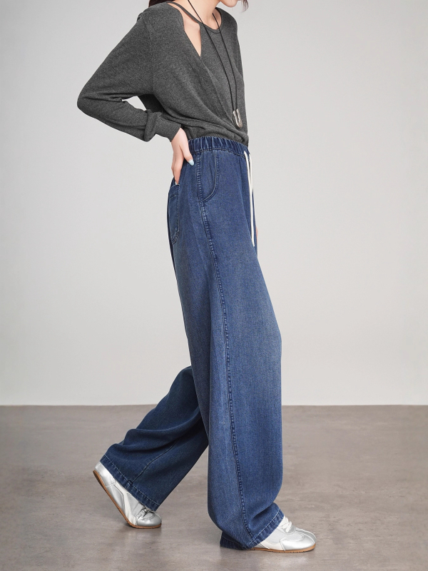 K.hip Lyocell denim hlače - ženske, široke, visoki struk, pranje pijeskom, 50-70% Lyocell, 30% poliester