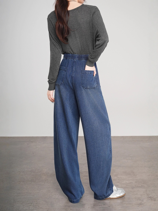 K.hip Lyocell denim hlače - ženske, široke, visoki struk, pranje pijeskom, 50-70% Lyocell, 30% poliester