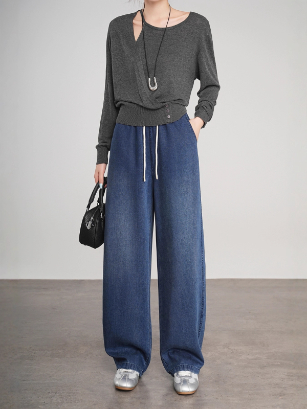 K.hip Lyocell denim hlače - ženske, široke, visoki struk, pranje pijeskom, 50-70% Lyocell, 30% poliester