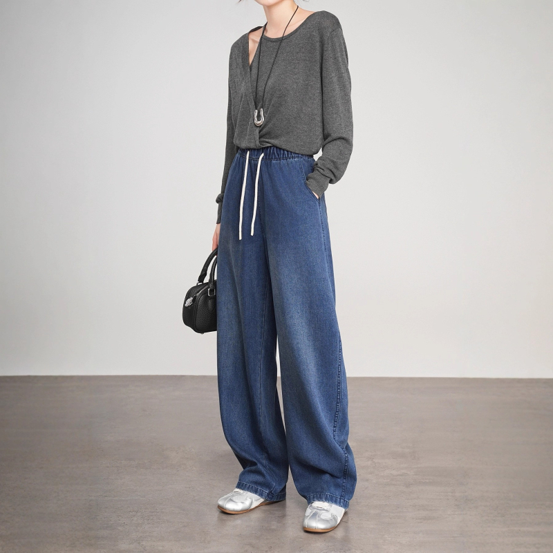 K.hip Lyocell denim hlače - ženske, široke, visoki struk, pranje pijeskom, 50-70% Lyocell, 30% poliester