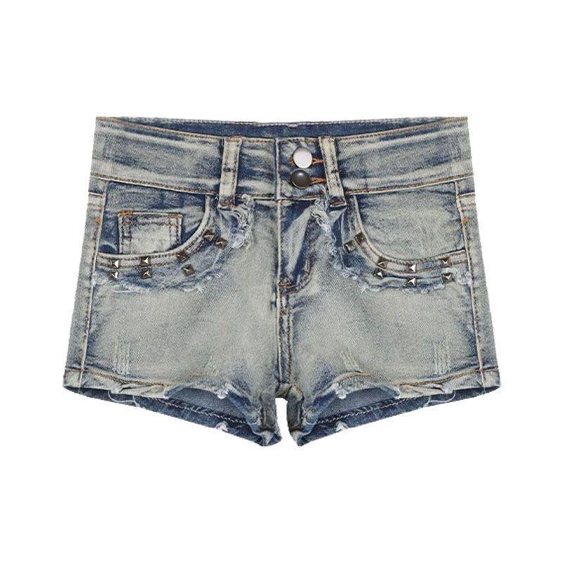 Ženske denim šortse s niskim strukom, dužine tri četvrtine, denim od pamuka i elastana, oprane, s gumbima i zipovima