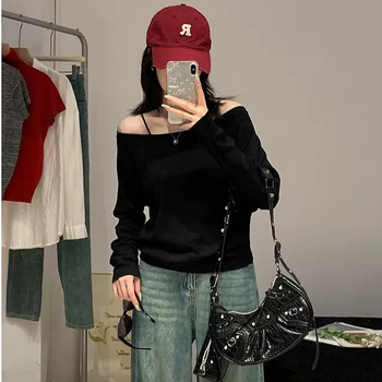 Памучна тениска с еластан, свободна кройка, дълги ръкави, еднорамен дизайн, есен 2025, японско‑корейски свободен стил