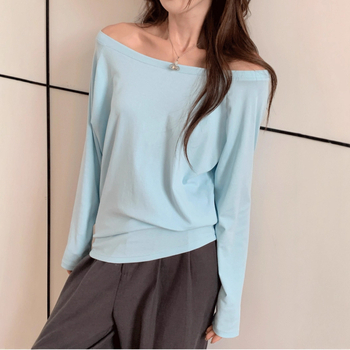 Памучна тениска с еластан, свободна кройка, дълги ръкави, еднорамен дизайн, есен 2025, японско‑корейски свободен стил