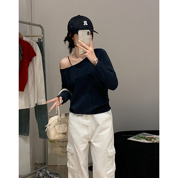 Памучна тениска с еластан, свободна кройка, дълги ръкави, еднорамен дизайн, есен 2025, японско‑корейски свободен стил