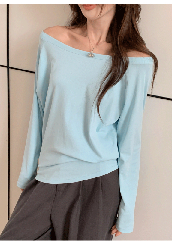 Памучна тениска с еластан, свободна кройка, дълги ръкави, еднорамен дизайн, есен 2025, японско‑корейски свободен стил