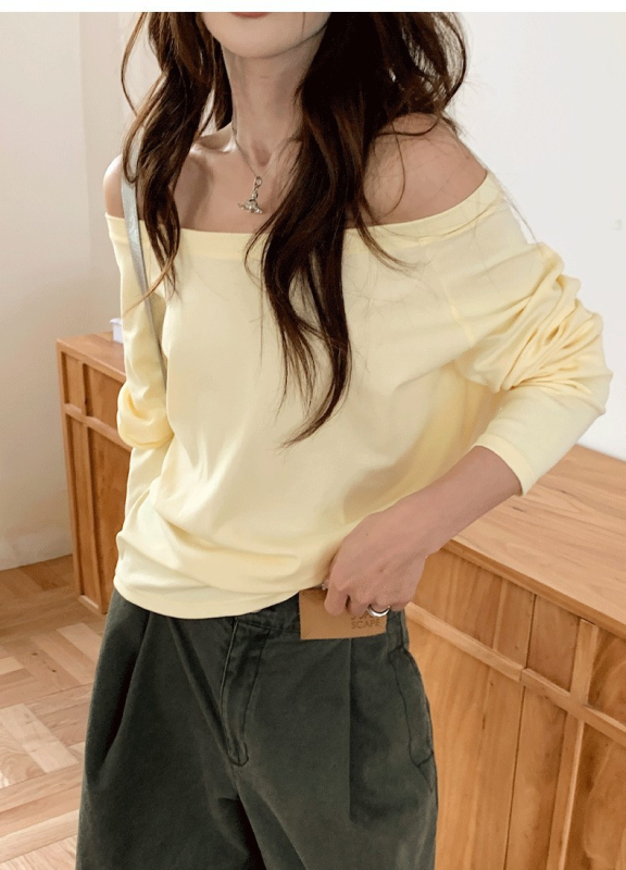 Памучна тениска с еластан, свободна кройка, дълги ръкави, еднорамен дизайн, есен 2025, японско‑корейски свободен стил