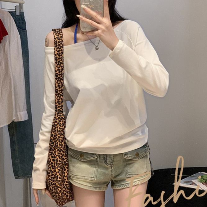 Памучна тениска с еластан, свободна кройка, дълги ръкави, еднорамен дизайн, есен 2025, японско‑корейски свободен стил