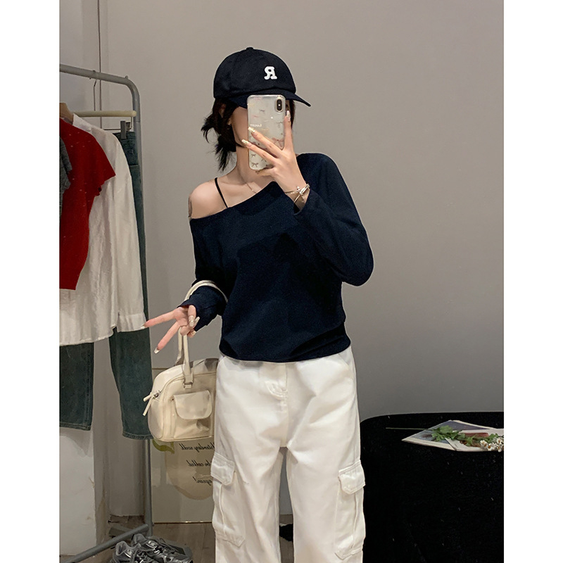 Памучна тениска с еластан, свободна кройка, дълги ръкави, еднорамен дизайн, есен 2025, японско‑корейски свободен стил