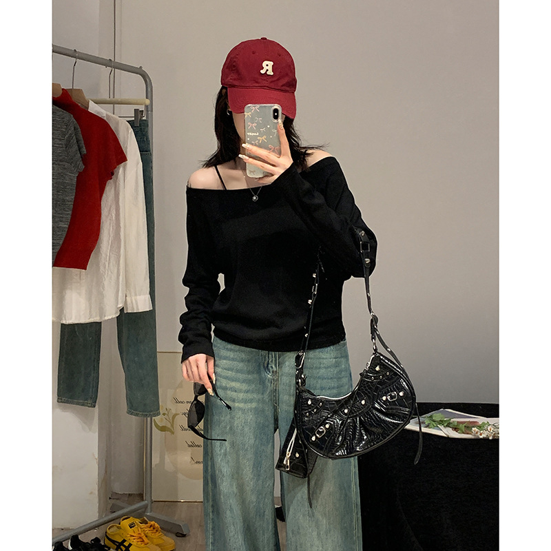 Памучна тениска с еластан, свободна кройка, дълги ръкави, еднорамен дизайн, есен 2025, японско‑корейски свободен стил