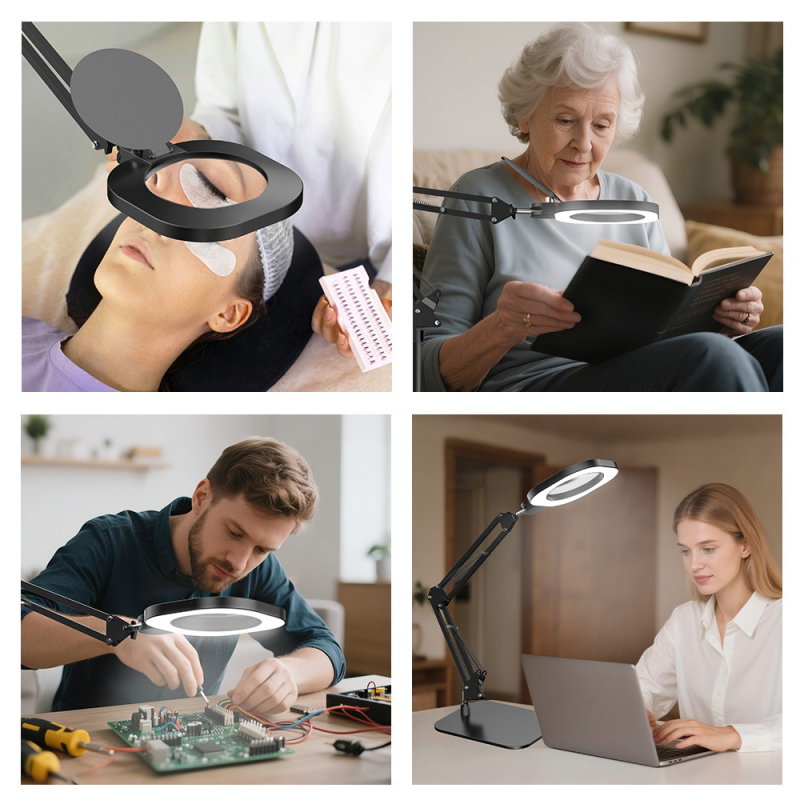 LED stolna lampa s dugim nagnutim ramenom i povećalom, zaštita očiju, 5V DC 3A, plastično sjenilo, model F-689