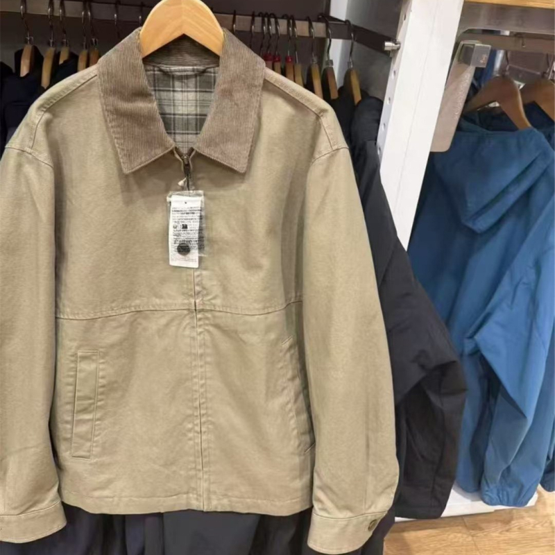 Pamukasta jakna s zipom i reverom, labav kroj, japanski retro stil, jednofarbeni uzorak