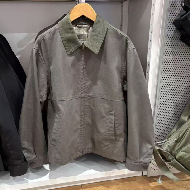 Pamukasta jakna s zipom i reverom, labav kroj, japanski retro stil, jednofarbeni uzorak