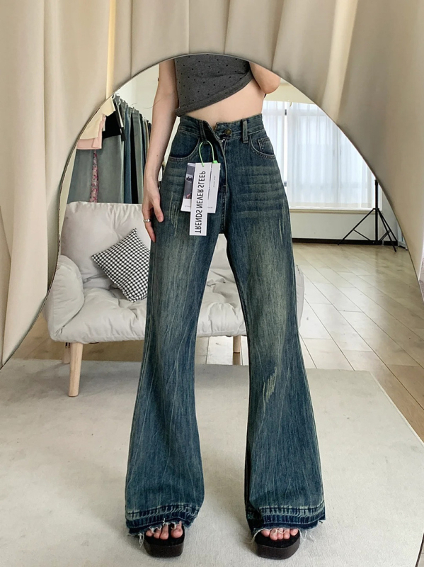 Traperice s visokim strukom, blago proširene bootcut, denim, mikroelastičnost, 50–70% pamuk
