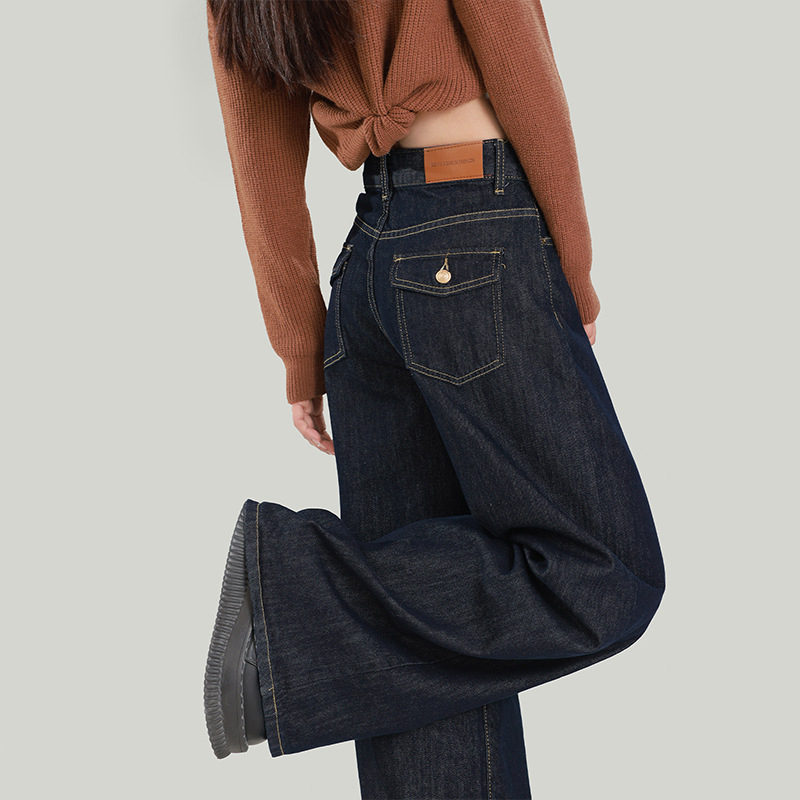 Wangjiang denim hlače, visoki pojas, širokog kroja, duge do poda, 50–70% pamuka, jesen 2025, bez elastana